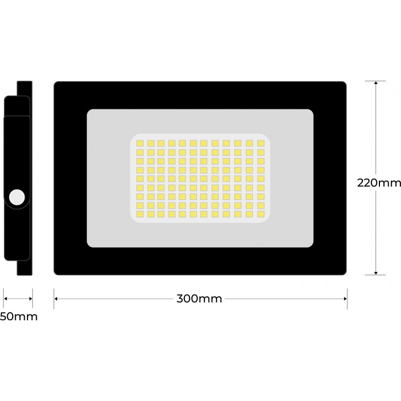 19,95 € Free Shipping | Flood and spotlight 100W 3000K Warm light. Rectangular Shape 30×22 cm. EPISTAR LED SMD IPAD Chip. High brightness. Extra flat Terrace, garden and warehouse. Cast aluminum and Tempered glass. Black Color