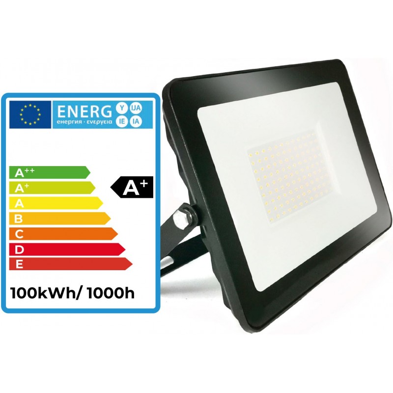 18,95 € Free Shipping | Flood and spotlight 100W 4500K Neutral light. Rectangular Shape 30×22 cm. EPISTAR LED SMD IPAD Chip. High brightness. Extra flat Terrace, garden and warehouse. Cast aluminum and tempered glass. Black Color