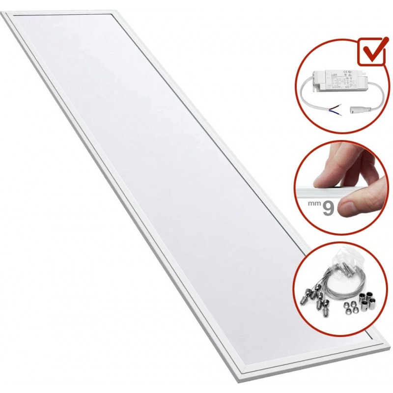 211,95 € Envío gratis | Caja de 6 unidades Panel LED 40W LED 4000K Luz neutra. 120×30 cm. Kit completo. Panel LED Extraplano Slimline + Driver + Cables de suspensión Pmma y aluminio lacado. Color blanco