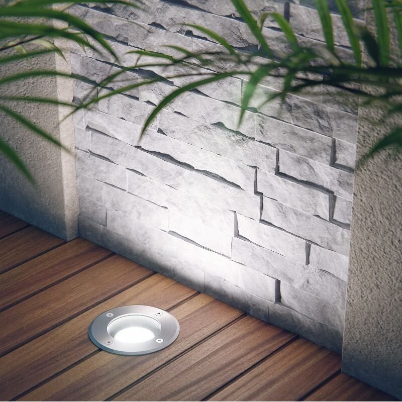 14,95 € Free Shipping | Luminous beacon 7W 4500K Neutral light. Round Shape Ø 11 cm. Recessed floor spotlight + LED bulb. Resistant to corrosion, salt and chlorine Terrace and garden. 316 stainless steel. Stainless steel Color