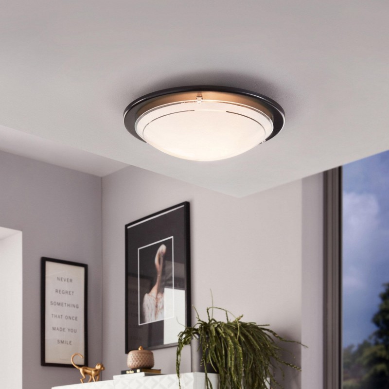 13,95 € Free Shipping | Indoor ceiling light Eglo Planet 1 60W Round Shape Ø 29 cm. Kitchen and bathroom. Modern Style. Steel, glass and lacquered glass. White and black Color