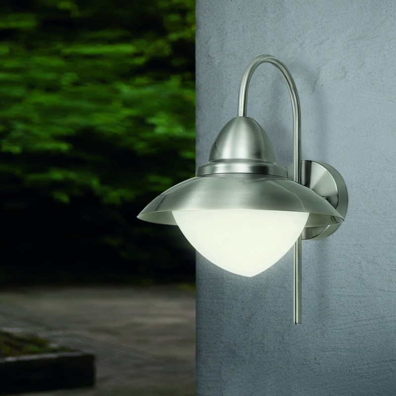 113,95 € Free Shipping | Outdoor wall light Eglo Sidney 60W Conical Shape Ø 27 cm. Terrace, garden and pool. Retro, vintage and design Style. Steel, Stainless steel and Glass. Stainless steel, white and silver Color