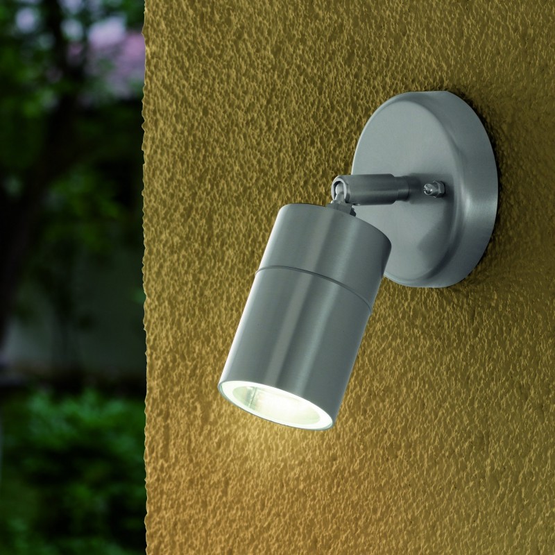 42,95 € Free Shipping | Outdoor wall light Eglo Stockholm 1 5W Cylindrical Shape Ø 10 cm. Terrace, garden and pool. Modern and design Style. Steel, stainless steel and glass. Stainless steel and silver Color