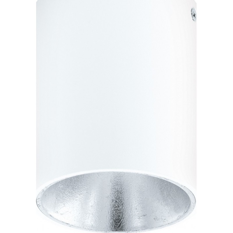 57,95 € Free Shipping | Indoor ceiling light Eglo Polasso 3.5W 3000K Warm light. Cylindrical Shape Ø 10 cm. Kitchen and bathroom. Design Style. Aluminum and plastic. White and silver Color