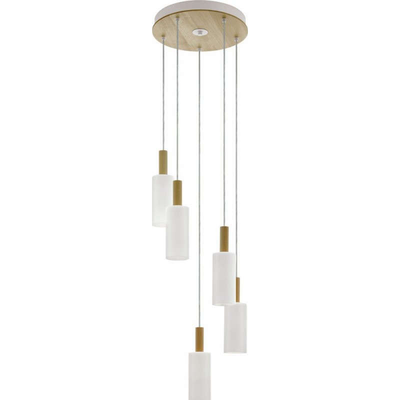179,95 € Free Shipping | Hanging lamp Eglo Oakham 200W Cylindrical Shape Ø 37 cm. Living room and dining room. Modern and design Style. Steel, wood and glass. White, and brown Color