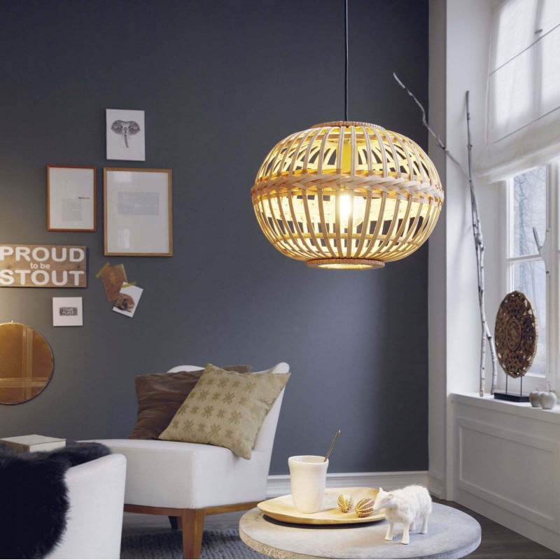 67,95 € Free Shipping | Hanging lamp Eglo Amsfield 60W Spherical Shape Ø 38 cm. Living room and dining room. Rustic, retro and vintage Style. Steel and wood. Brown Color