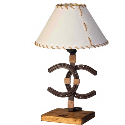 23,95 € Free Shipping | Table lamp Campiluz 40W Conical Shape 42×20 cm. Doble herradura Living room and bedroom. Rustic, retro and vintage Style. Metal casting and Wood. Antique brown and black Color