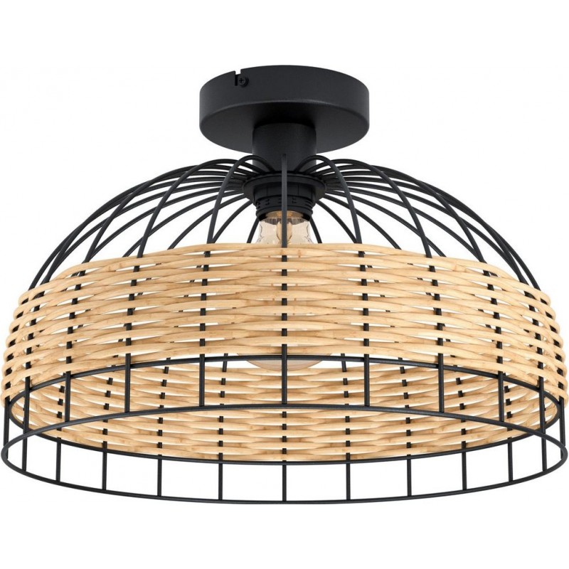 69,95 € Free Shipping | Ceiling lamp Eglo Anwick Conical Shape Ø 38 cm. Ceiling light Living room, dining room and bedroom. Rustic Style. Steel and Rattan. Black and natural Color