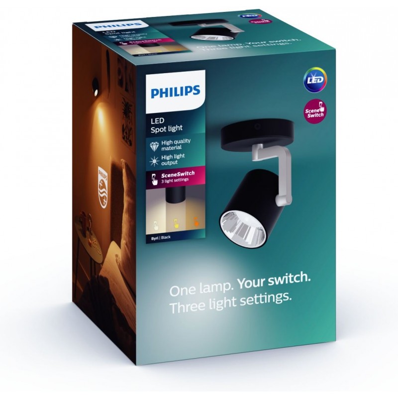 33,95 € Free Shipping | Indoor spotlight Philips Byrl 4.5W Cylindrical Shape 16×11 cm. Single LED spotlight. Three light settings. Works with existing switch Living room, bedroom and lobby. Modern Style