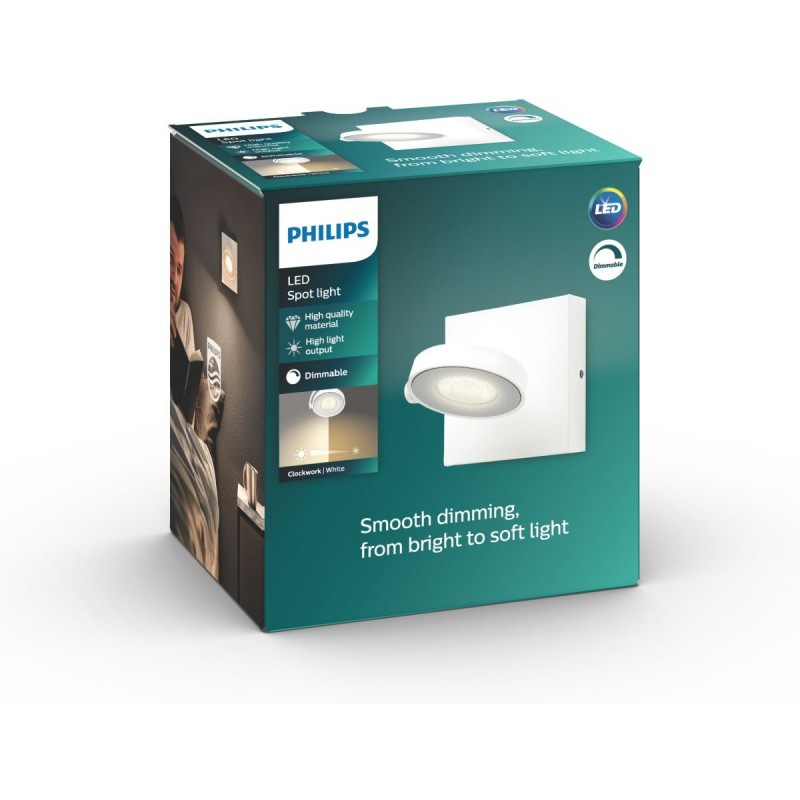 44,95 € Free Shipping | Indoor spotlight Philips Clockwork 4.5W Square Shape 11×11 cm. Individual focus. Adjustable ClickFix quick installation Bedroom, hall and showcase. Modern Style