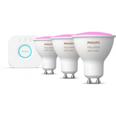 Lâmpada LED controle remoto Philips Hue White & Color Ambiance 16.5W GU10 LED Ø 5 cm. Kit iniciante. LED branco / multicolor. Controle de Bluetooth com aplicativo ou voz. Hue Bridge incluída