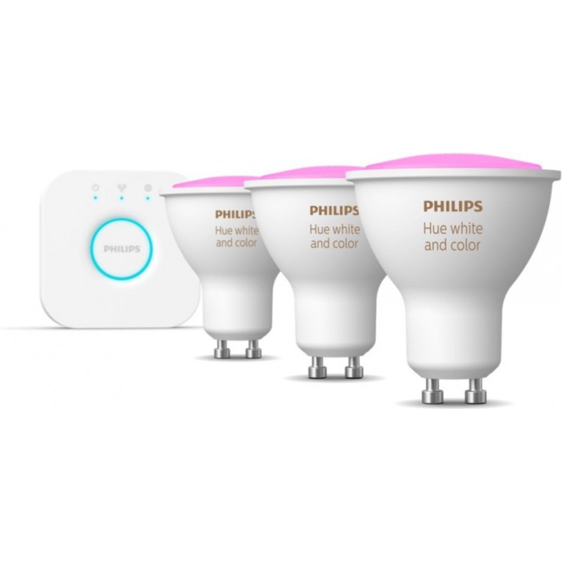 148,95 € Envio grátis | Lâmpada LED controle remoto Philips Hue White & Color Ambiance 16.5W GU10 LED Ø 5 cm. Kit iniciante. LED branco / multicolor. Controle de Bluetooth com aplicativo ou voz. Hue Bridge incluída