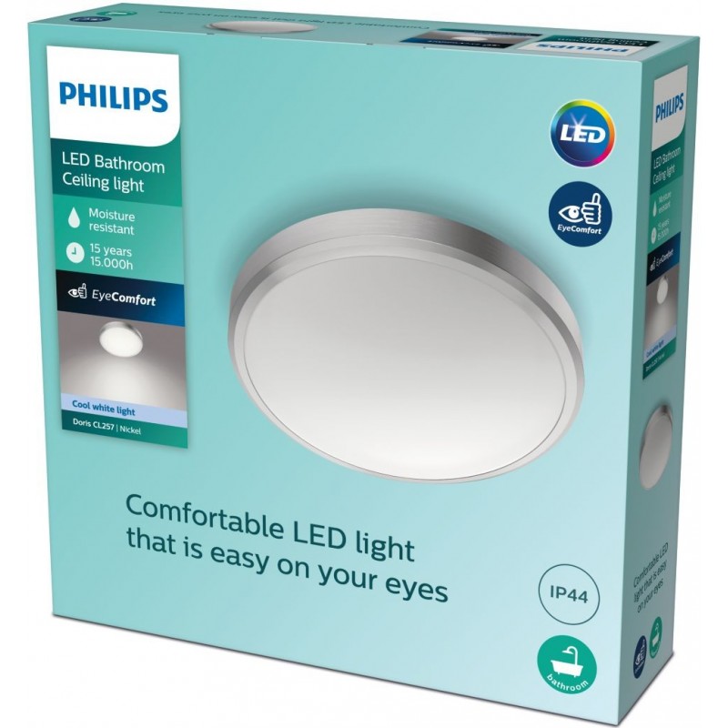 39,95 € Free Shipping | Indoor ceiling light Philips Doris 17W Round Shape Ø 31 cm. Kitchen, bathroom and hall. Design Style. Nickel Color