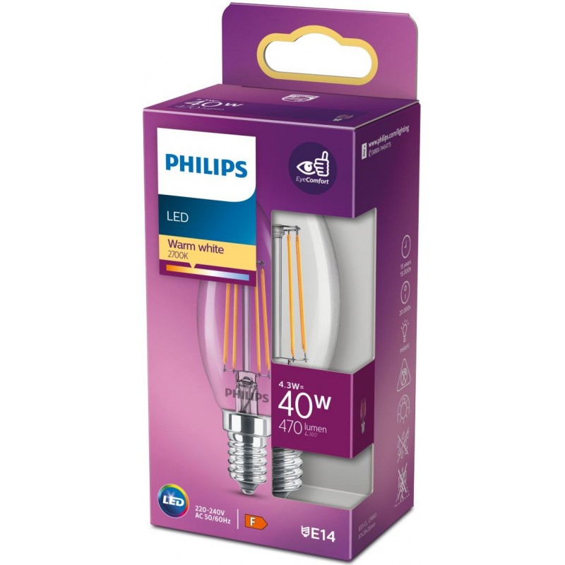 3,95 € Free Shipping | LED light bulb Philips LED Classic 4.5W E14 LED 2700K Very warm light. 10×5 cm. LED Candle Light Design Style