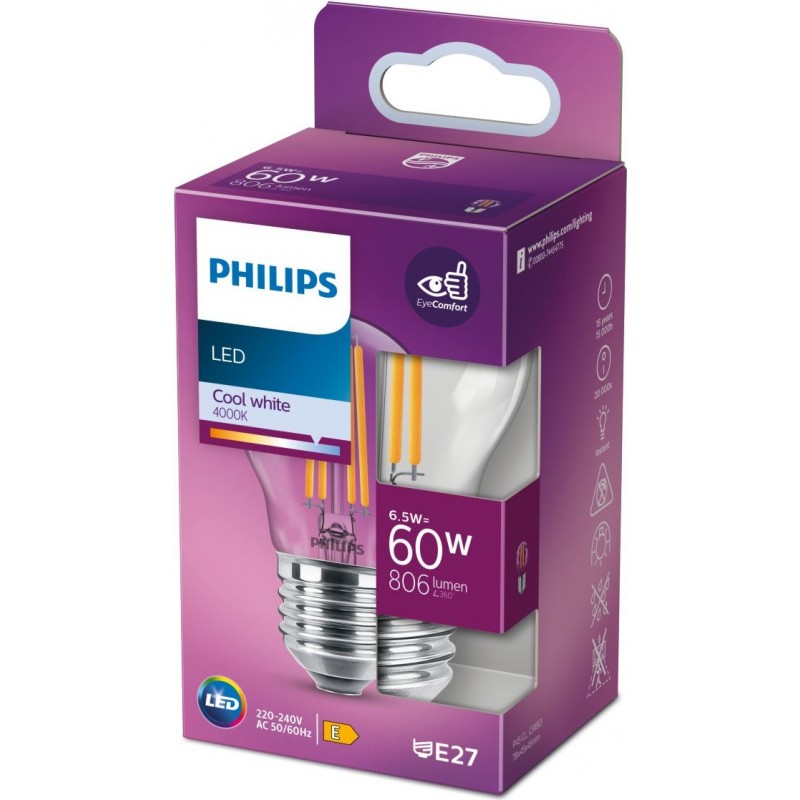 5,95 € Free Shipping | LED light bulb Philips LED Classic 6.5W E27 LED 4000K Neutral light. 8×5 cm. LED Candle Light Design Style