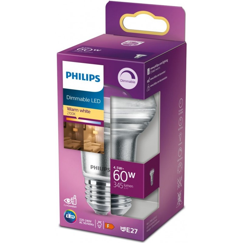 8,95 € Free Shipping | LED light bulb Philips LED Classic 4.5W E27 LED 2700K Very warm light. 10×7 cm. Dimmable Reflector