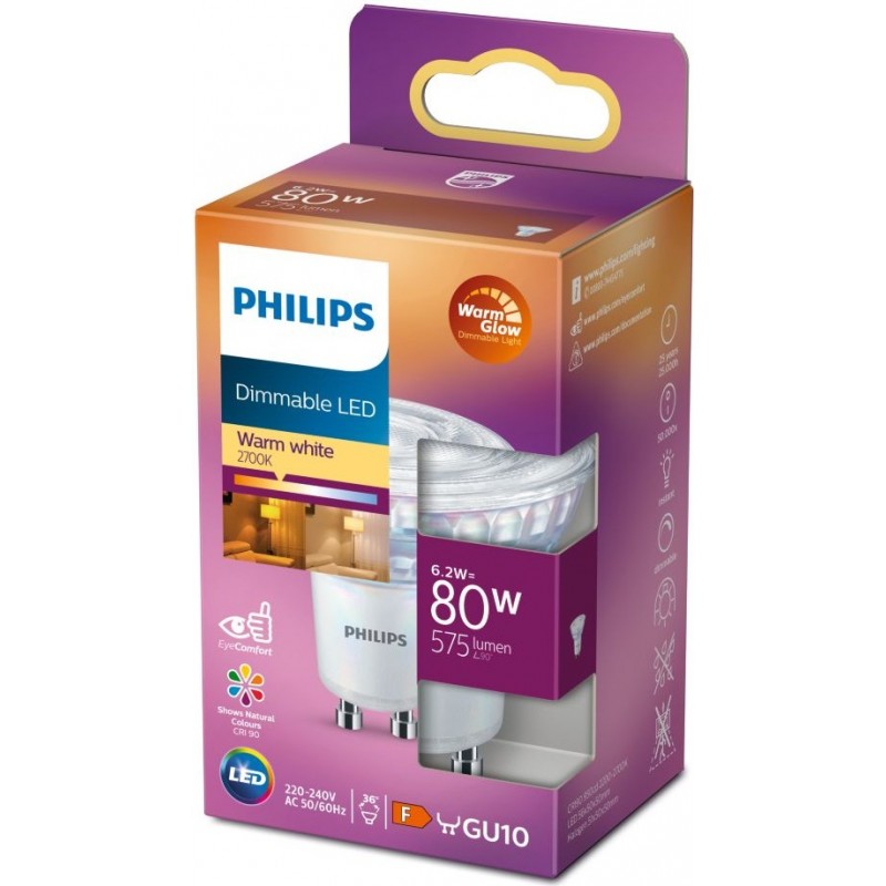 9,95 € Free Shipping | LED light bulb Philips LED Classic 6W GU10 LED 2500K Very warm light. 6×5 cm. Dimmable