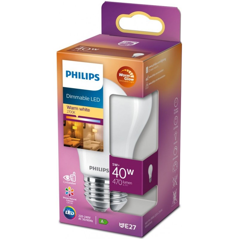 18,95 € Free Shipping | LED light bulb Philips LED Classic 5W E27 LED 2500K Very warm light. 11×7 cm. Dimmable