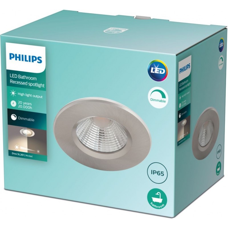 19,95 € Free Shipping | Recessed lighting Philips Dive 5.5W Round Shape Ø 8 cm. Dimmable Living room, stairs and work zone. Classic Style. Nickel Color
