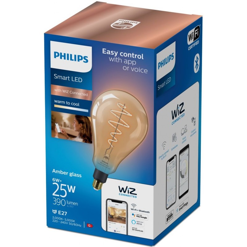 53,95 € Free Shipping | LED light bulb Philips Smart LED Wi-Fi 6W 30×19 cm. Amber filament. Wi-Fi + Bluetooth. Control with WiZ or Voice app Vintage Style. Crystal