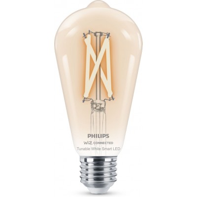 Lampadina LED Philips Smart LED Wi-Fi 7W 14×9 cm. Filamento trasparente. Wi-Fi + Bluetooth. Controllo con WiZ o app vocale Stile vintage. Cristallo