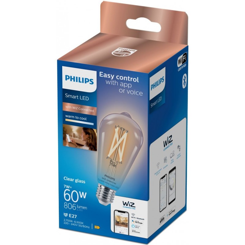16,95 € Free Shipping | LED light bulb Philips Smart LED Wi-Fi 7W 14×9 cm. Transparent filament. Wi-Fi + Bluetooth. Control with WiZ or Voice app Vintage Style. Crystal