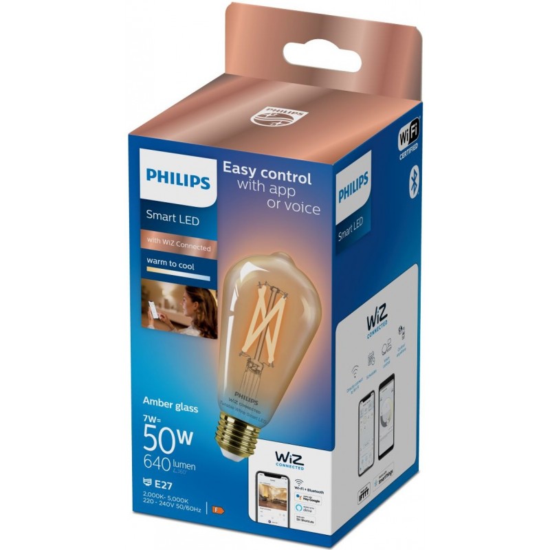 17,95 € Free Shipping | LED light bulb Philips Smart LED Wi-Fi 7W 14×9 cm. Amber filament. Wi-Fi + Bluetooth. Control with WiZ or Voice app Vintage Style. Crystal
