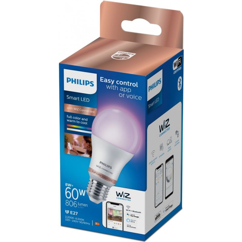 15,95 € Free Shipping | LED light bulb Philips Smart LED Wi-Fi 8W 12×7 cm. Wi-Fi + Bluetooth. Control with WiZ or Voice app Pmma and polycarbonate