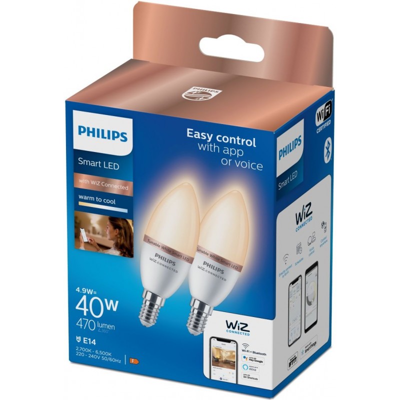 28,95 € Free Shipping | LED light bulb Philips Smart LED Wi-Fi 4.8W 12×7 cm. LED Candle Light. Wi-Fi + Bluetooth. Control with WiZ or Voice app Pmma and polycarbonate