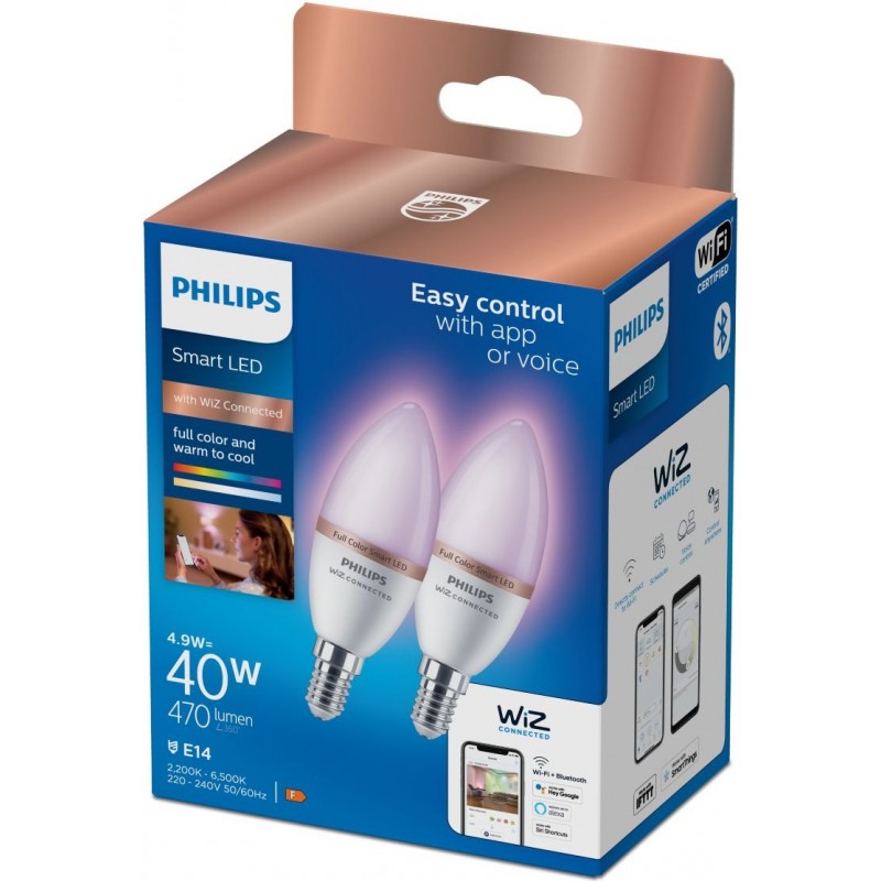 31,95 € Free Shipping | LED light bulb Philips Smart LED Wi-Fi 4.8W 12×7 cm. LED Candle Light. Wi-Fi + Bluetooth. Control with WiZ or Voice app Pmma and polycarbonate