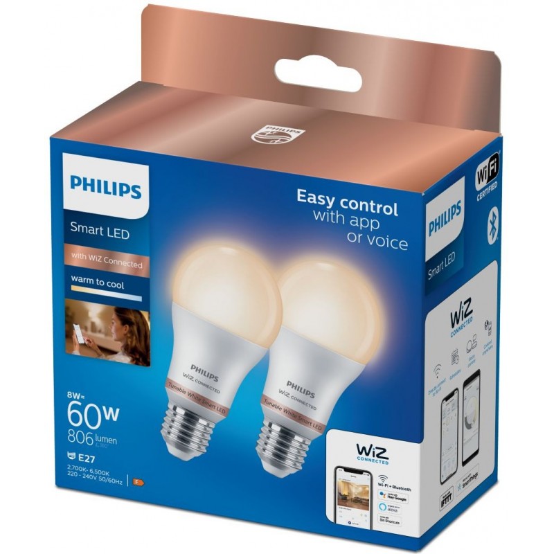 24,95 € Free Shipping | LED light bulb Philips Smart LED Wi-Fi 8W 12×7 cm. Wi-Fi + Bluetooth. Control with WiZ or Voice app Pmma and polycarbonate