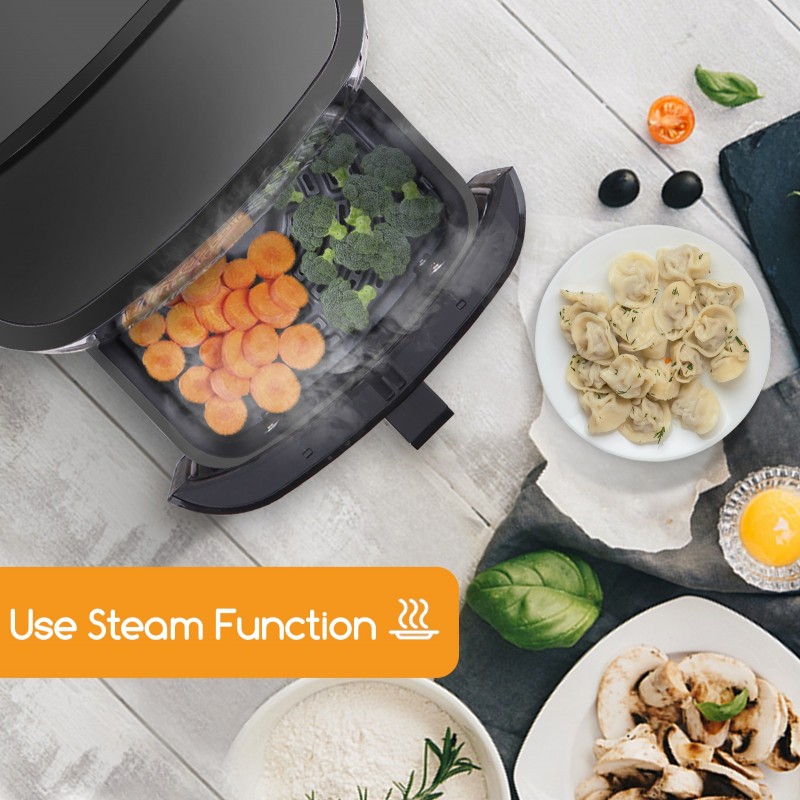 177,95 € Free Shipping | Kitchen appliance 1700W 41×40 cm. 2 in 1 air fryer. Steamer. LED touch screen. Preprogrammed menus. Pumping and cleaning function ABS and PMMA. Black Color