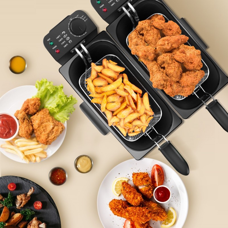 99,95 € Free Shipping | Kitchen appliance 3600W 41×40 cm. Professional double bowl fryer. 2 buckets of 3 liters and 2 baskets Black Color