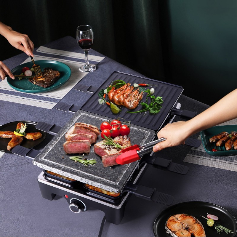 76,95 € Free Shipping | Kitchen appliance 1500W 48×23 cm. Natural stone raclette. Reversible grill grill. Includes 8 mini-pans. fully removable Aluminum. Black Color