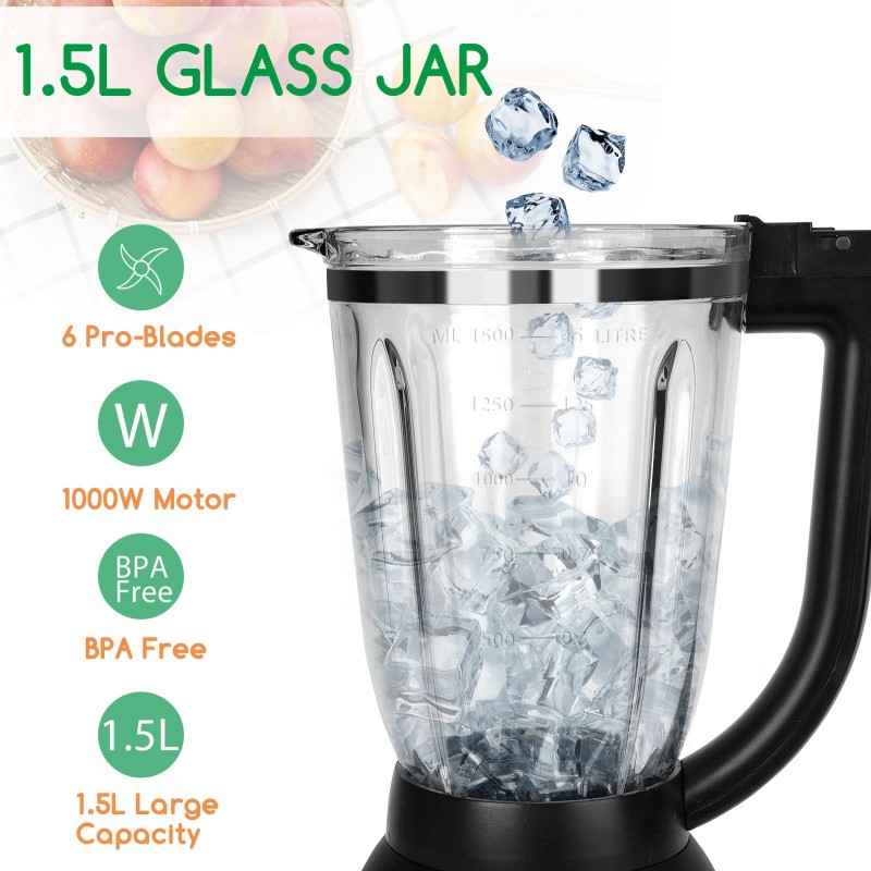 49,95 € Free Shipping | Kitchen appliance 1000W 40×22 cm. American glass blender. 6 blade blades. 2 speeds. Ice pick. 1.5 liters Stainless steel, PMMA and Glass. Black Color