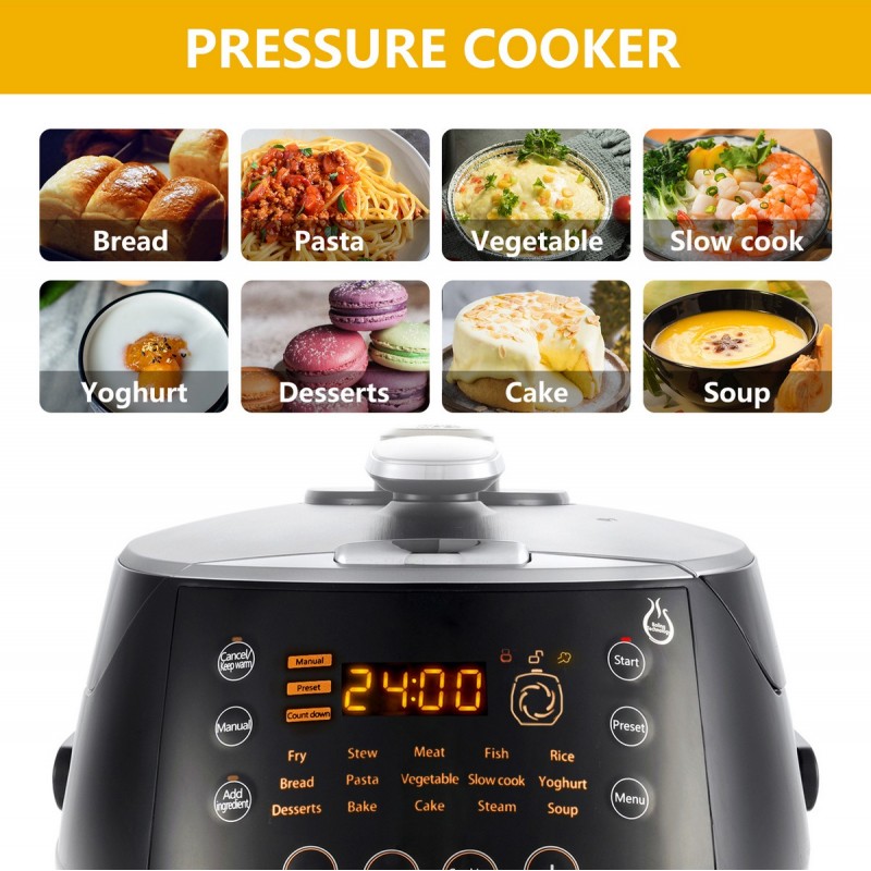 127,95 € Free Shipping | Kitchen appliance 900W 38×32 cm. Multifunction kitchen robot. pressure cooker 7 devices in 1. 15 functions. LED panel. Timer. 5 liters ABS, Aluminum and PMMA. Black Color