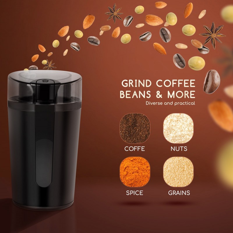 14,95 € Free Shipping | Kitchen appliance 200W 18×10 cm. Electric and compact coffee grinder. Suitable for spices, seeds and grains. Wear resistant stainless steel blades ABS and Stainless steel. Black Color