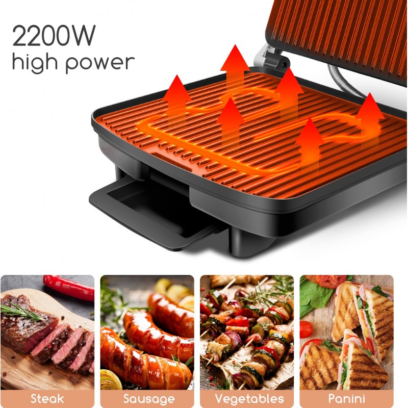 62,95 € Free Shipping | Kitchen appliance 2200W 37×34 cm. Sandwich Maker. Grill and grill. Oil collection tray. Non-stick coated plates and cool-touch handle Stainless steel and Aluminum. Black and silver Color