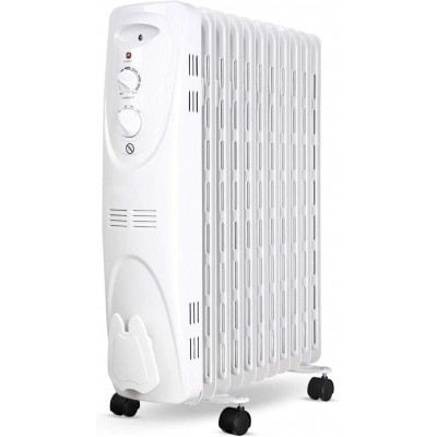 Calefactor 2300W 64×53 cm. Radiador portátil de aceite con ruedas. 11 elementos. 3 ajustes de potencia y control termostático de temperatura Acero. Color blanco