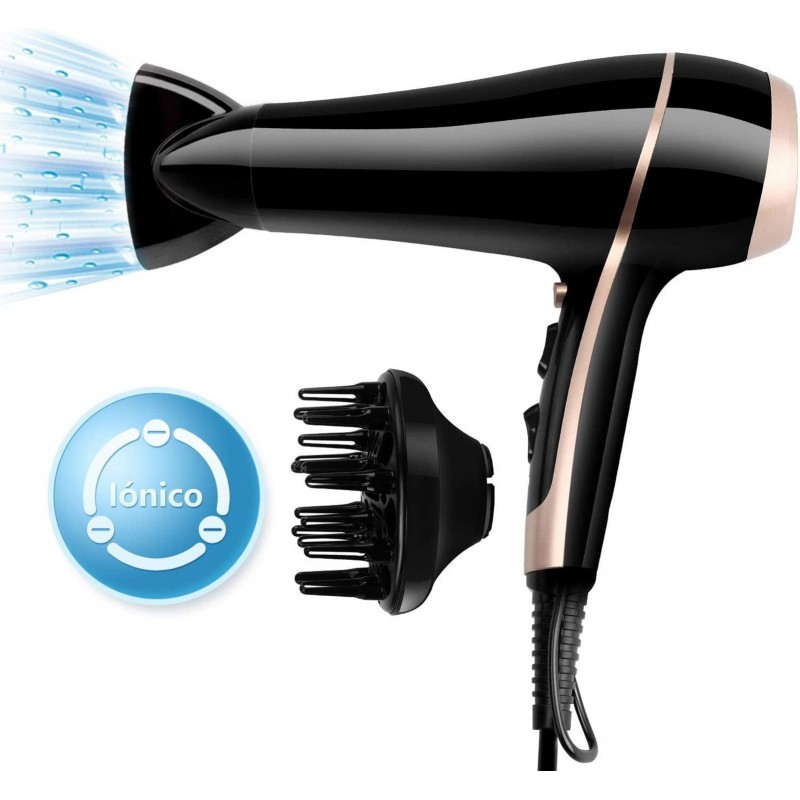 24,95 € Free Shipping | Personal care 2400W 29×25 cm. Professional ionic hair dryer. 2 speeds. 3 temperatures. Includes diffuser and heat concentrator nozzle Polycarbonate. Black Color
