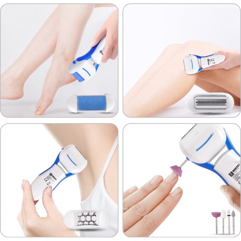 12,95 € Free Shipping | Personal care 16×6 cm. Cordless beauty set for pedicure, manicure, waxing, shaving and callus removal. 7 heads and LED light ABS and Stainless steel. White Color