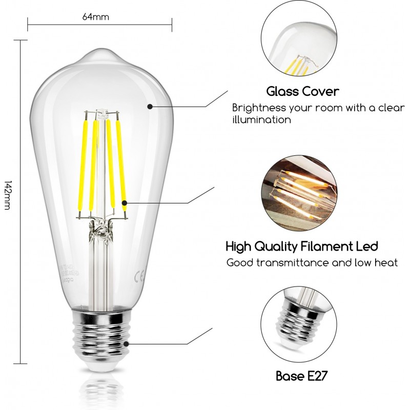13,95 € Free Shipping | 5 units box LED light bulb 8W E27 LED ST64 6500K Cold light. Ø 6 cm. LED filament Crystal