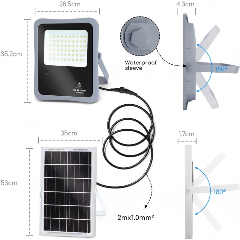 89,95 € Free Shipping | Flood and spotlight 300W 6500K Cold light. 35×29 cm. Solar. Remote control. Waterproof Aluminum and Glass. Gray Color