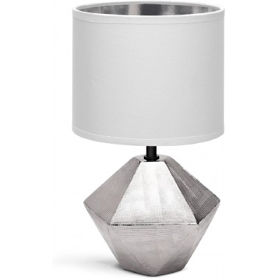 Lámpara de sobremesa 40W 25×15 cm. Lámpara LED Mesita de Noche. Pantalla de Tela Estilo retro y vintage. Cerámica. Color blanco y plata
