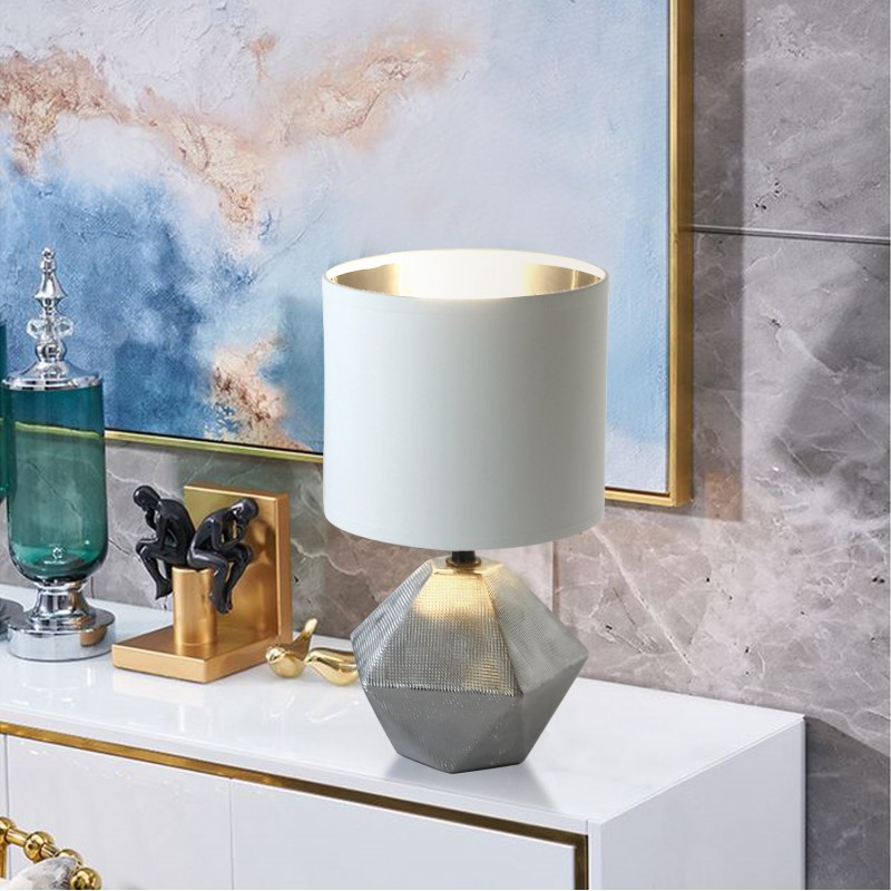 15,95 € Free Shipping | Table lamp 40W 25×15 cm. LED Bedside Lamp. Fabric Screen Retro and vintage Style. Ceramic. White and silver Color