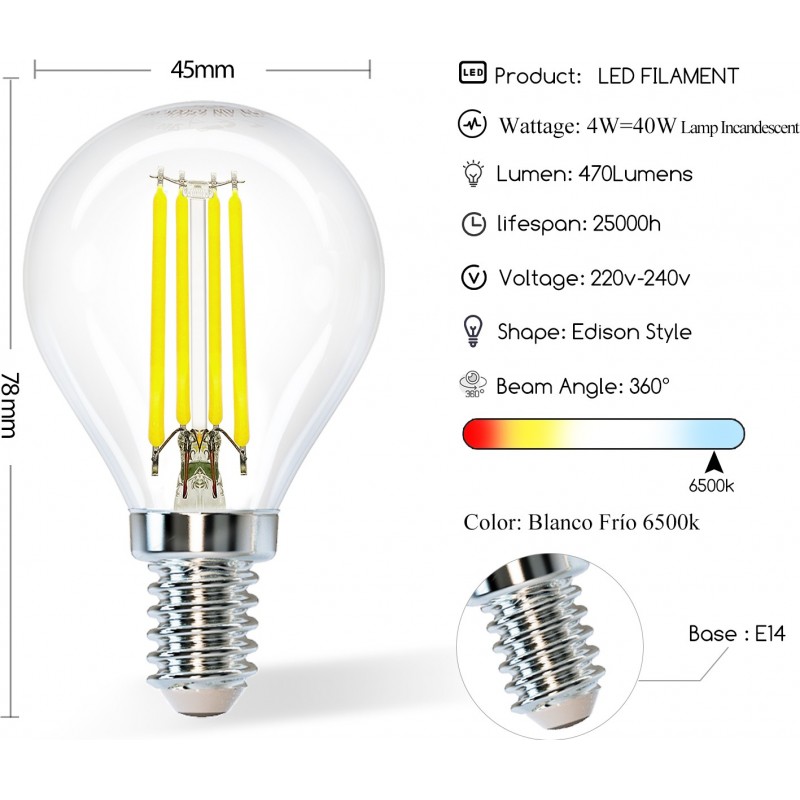 7,95 € Free Shipping | 5 units box LED light bulb 4W E14 LED 6500K Cold light. Ø 4 cm. LED filament Crystal