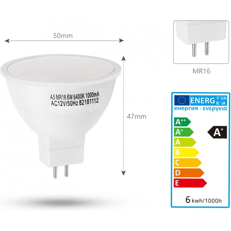 9,95 € Free Shipping | 5 units box LED light bulb 6W MR16 LED Ø 5 cm. White Color