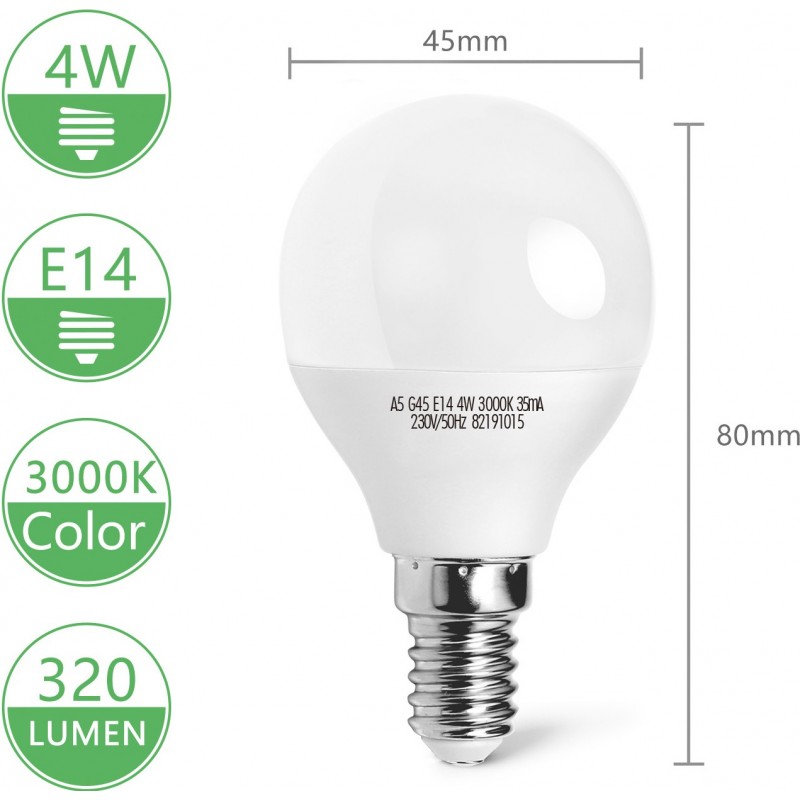 5,95 € Free Shipping | 5 units box LED light bulb 4W E14 LED 3000K Warm light. Spherical Shape Ø 4 cm. led balloon White Color