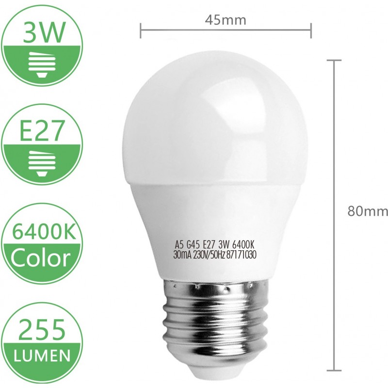 5,95 € Free Shipping | 5 units box LED light bulb 3W E27 LED G45 Ø 4 cm. White Color