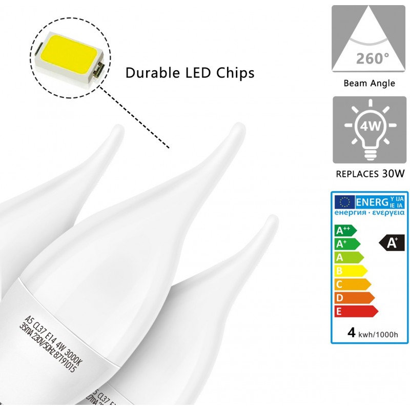 7,95 € Free Shipping | 5 units box LED light bulb 4W E14 LED 3000K Warm light. Ø 3 cm. LED candle White Color